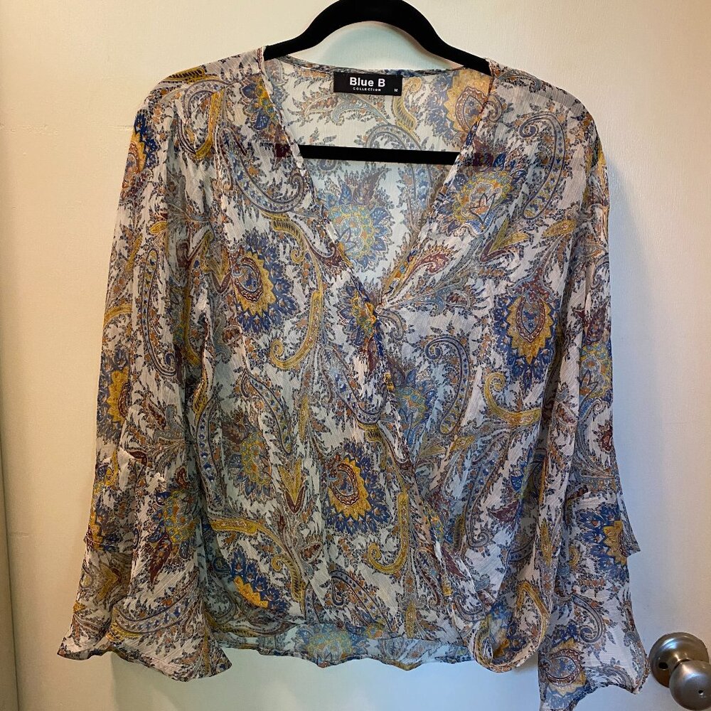 Blue B Paisley Sheer Blouse Medium Boho Flowy Bell Sleeve Lightweight Top
